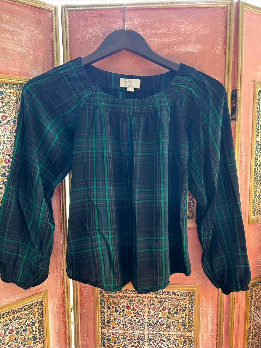 LOFT Black and Green Plaid Peasant Blouse